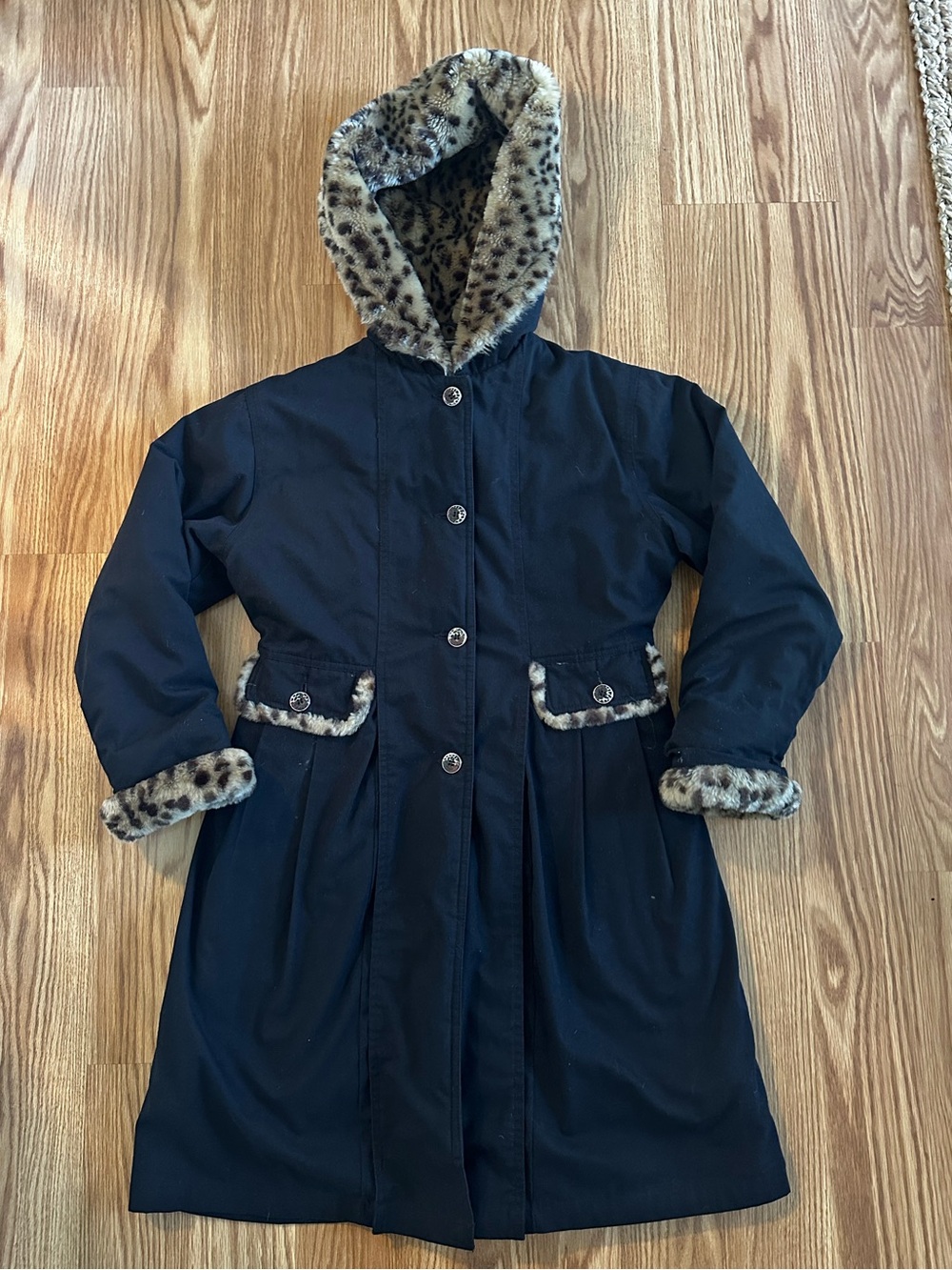Vintage F.W. Fischer Black Dress Coat with Leopard Faux-Fur Trim